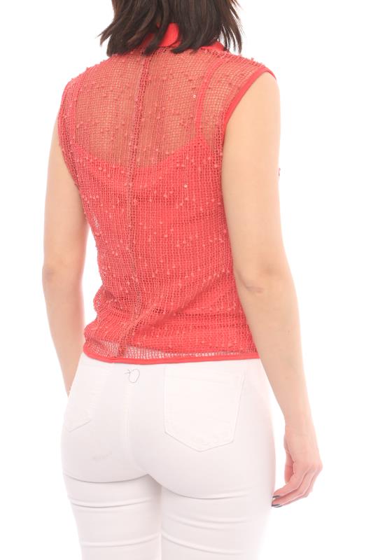 Mesh button down top feature self-tie, sleeveless, collar and it comes with tank.