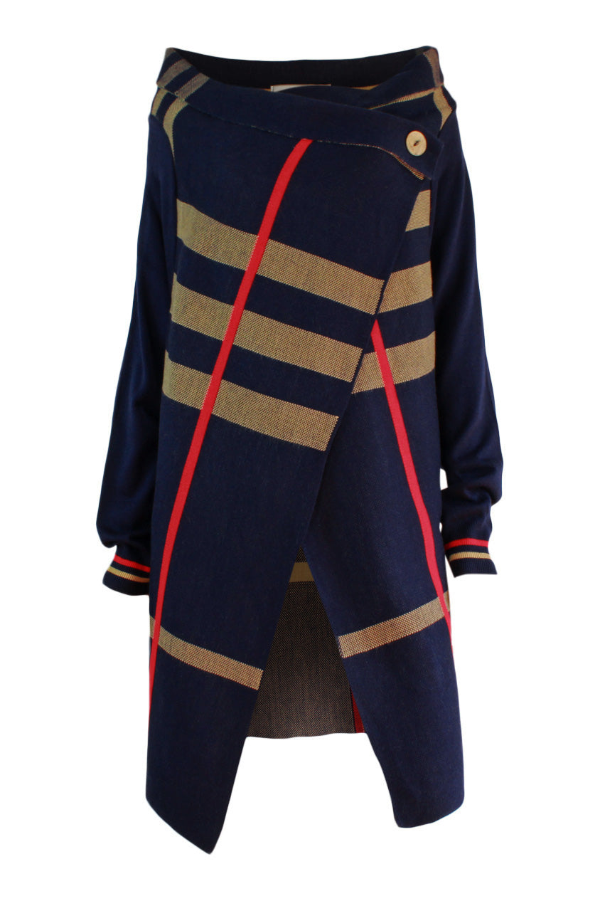 check print cardigan, ribbed cuffs. navy  cardigan 