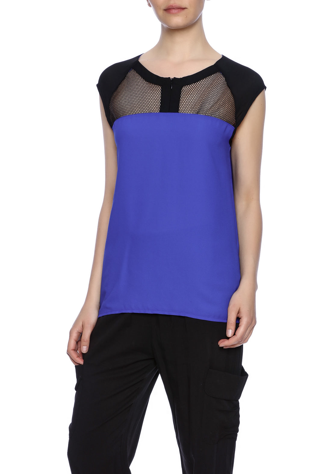 mesh inserted, blouse, blue top, sleeveless,