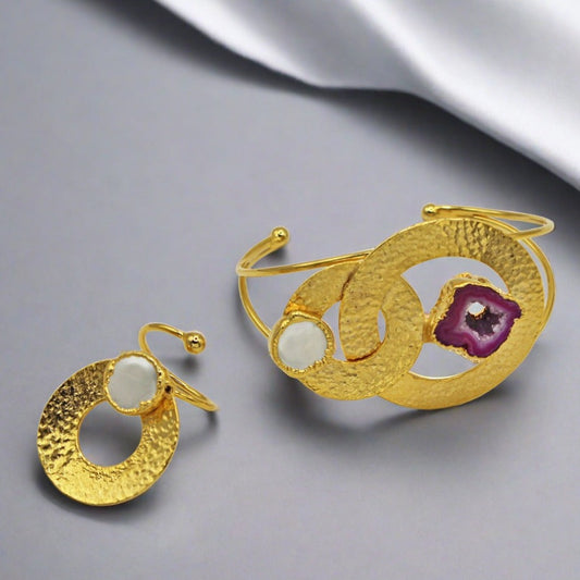 Brass Ring & Bracelet, glass pearl and Amethyst gemstones, adjustable size