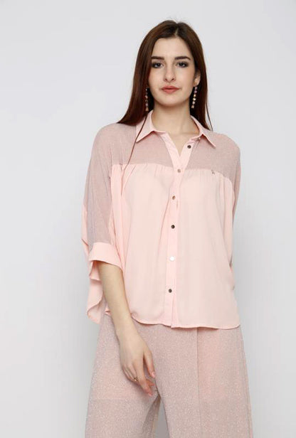 button down blouse with metallic mesh insert, collar neckline, three quarter sleeves and loose fit.