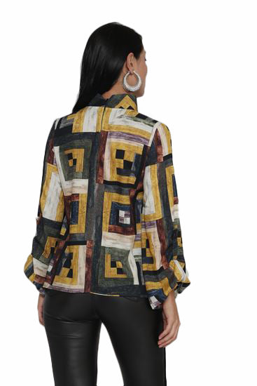 Geo printed blouse, long sleeves, mock neckline  with keyhole detail
