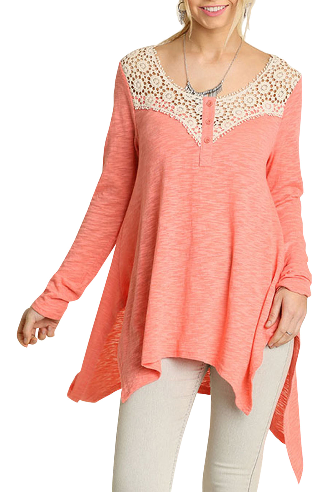 boho top, crochet inserted neckline with front button, long sleeves, hi-low hemline 