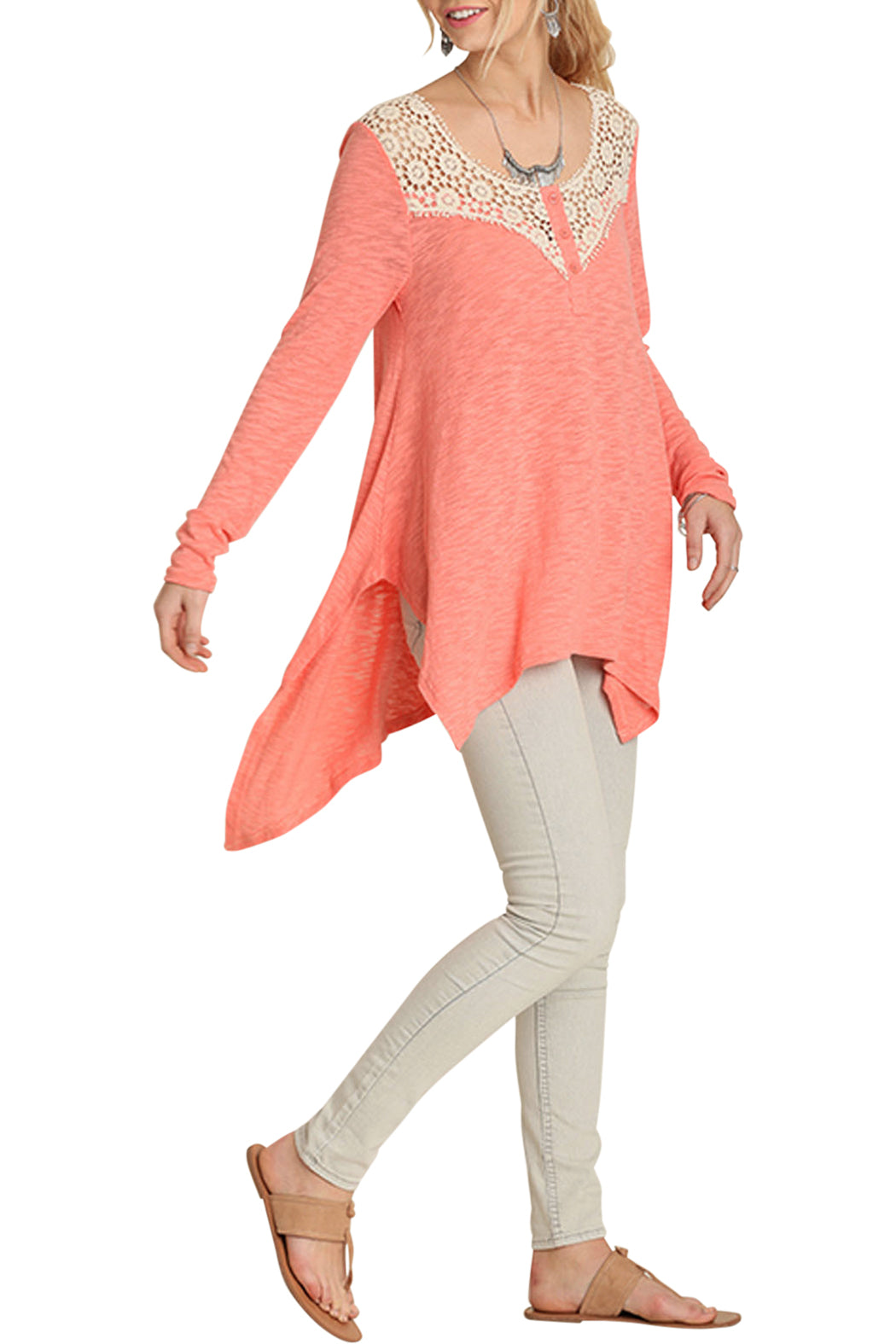 boho top, crochet inserted neckline with front button, long sleeves, hi-low hemline 