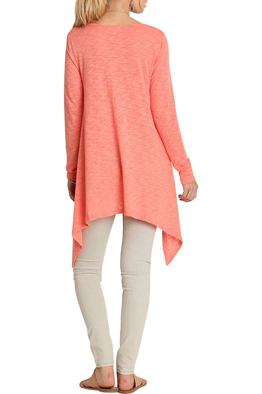 boho top, crochet inserted neckline with front button, long sleeves, hi-low hemline 