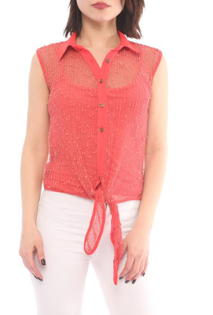 Mesh button down top feature self-tie, sleeveless, collar and it comes with tank.