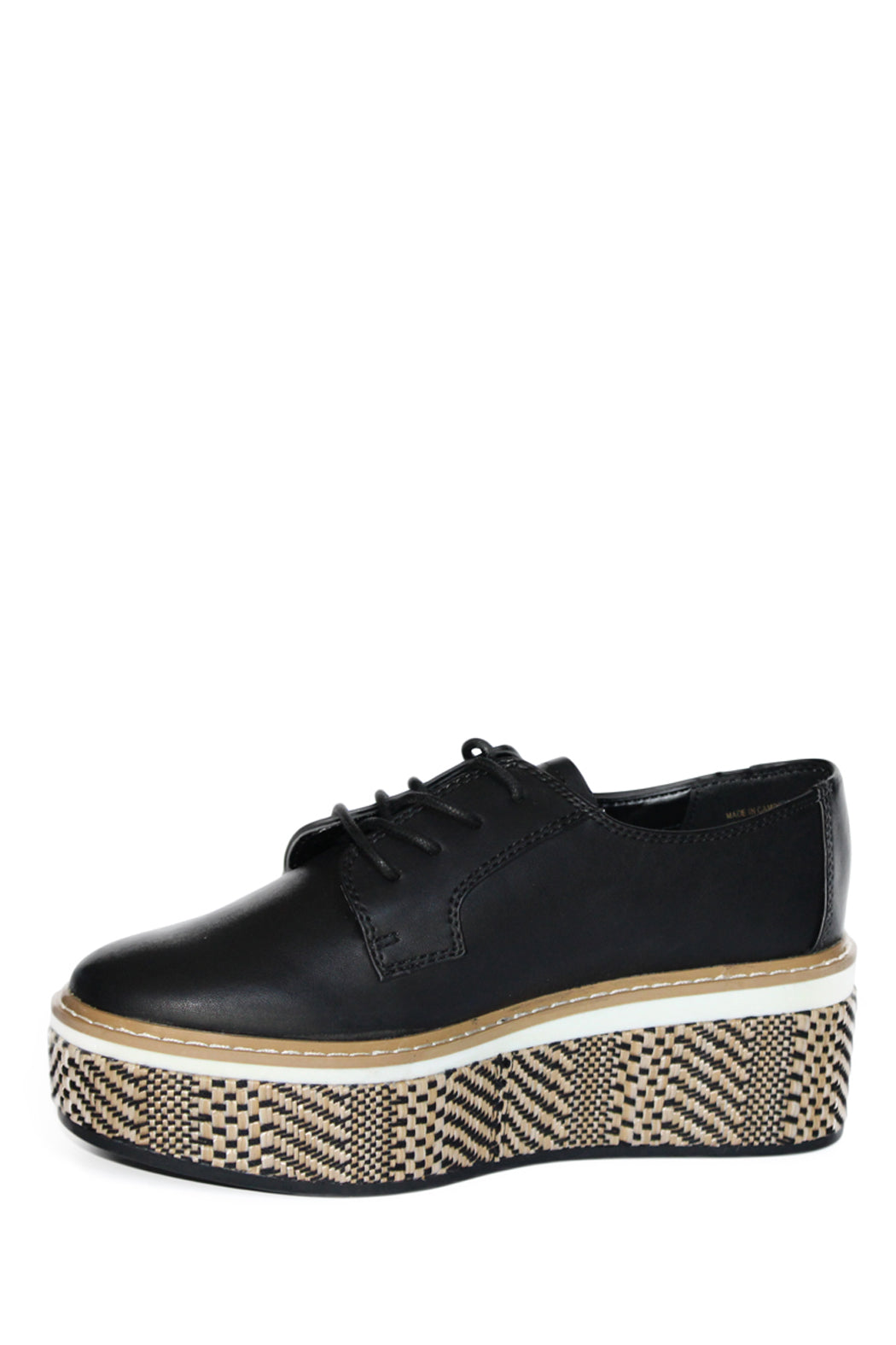 eather upper with patterned textile platform, lace-up closure,  textile lining , leather insole, wrapped wedge heel and platform. Heel 