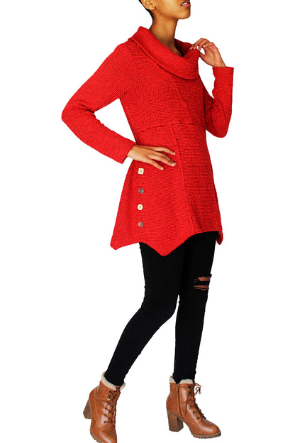 red sweater, tunic sweater, cowl neck,  button detail