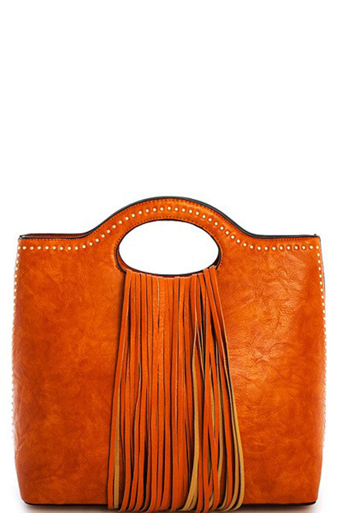 stud embellished, fringed satchel, handbag