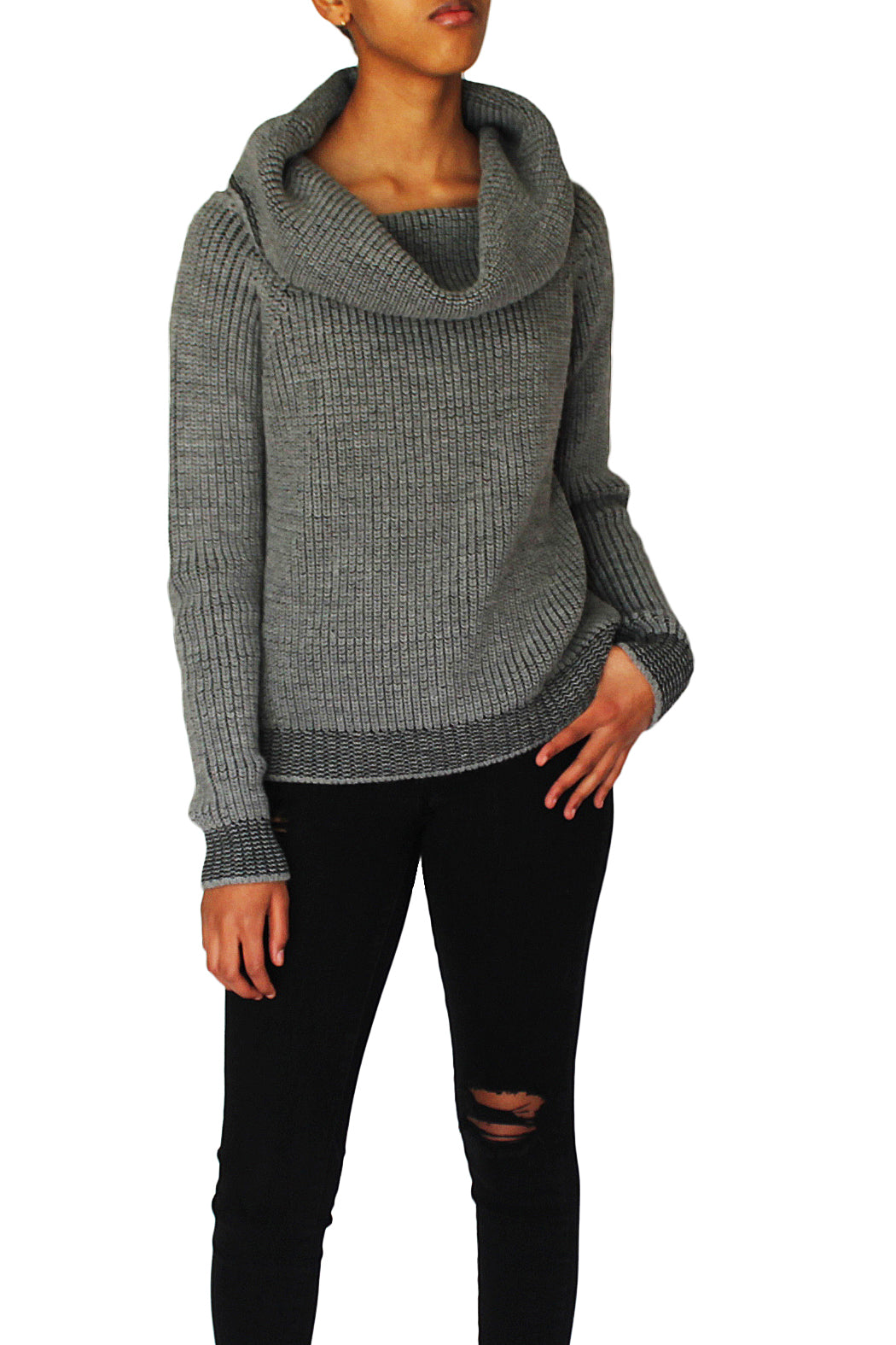 Gray  sweater, Off-shoulder,  cowl neck 
