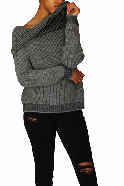 Gray  sweater, Off-shoulder,  cowl neck 