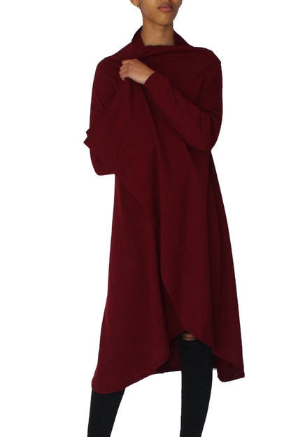Draped front cardigan featuring long sleeves, shawl collar, open front