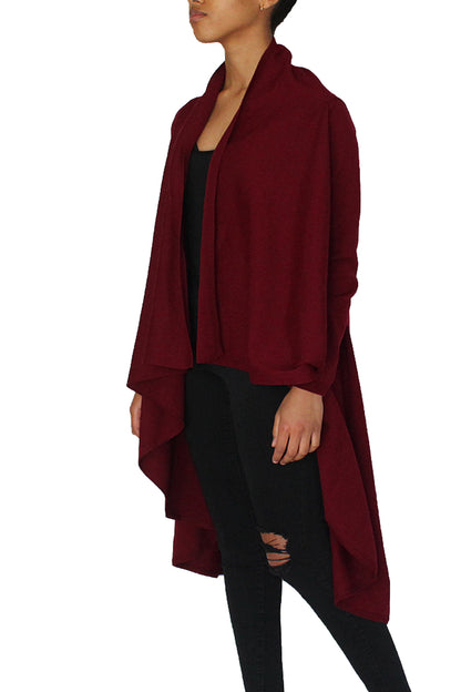 Draped front cardigan featuring long sleeves, shawl collar, open front