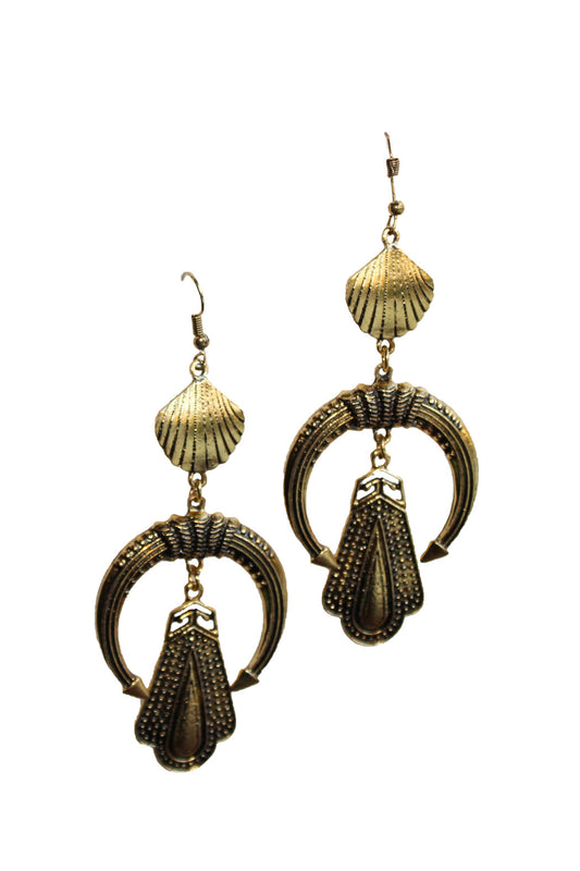 Etched crescent earrings, Fish hook with shell detail