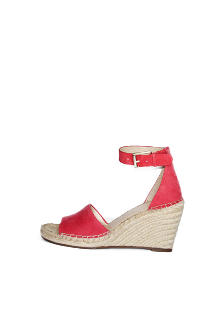 Vince Camuto brand wedge sandals feature round open-toe wedges with ankle strap and buckle closure, coral suede upper, espadrille platform wedge sandals 
