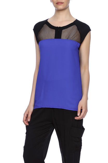 mesh inserted, blouse, blue top, sleeveless, 