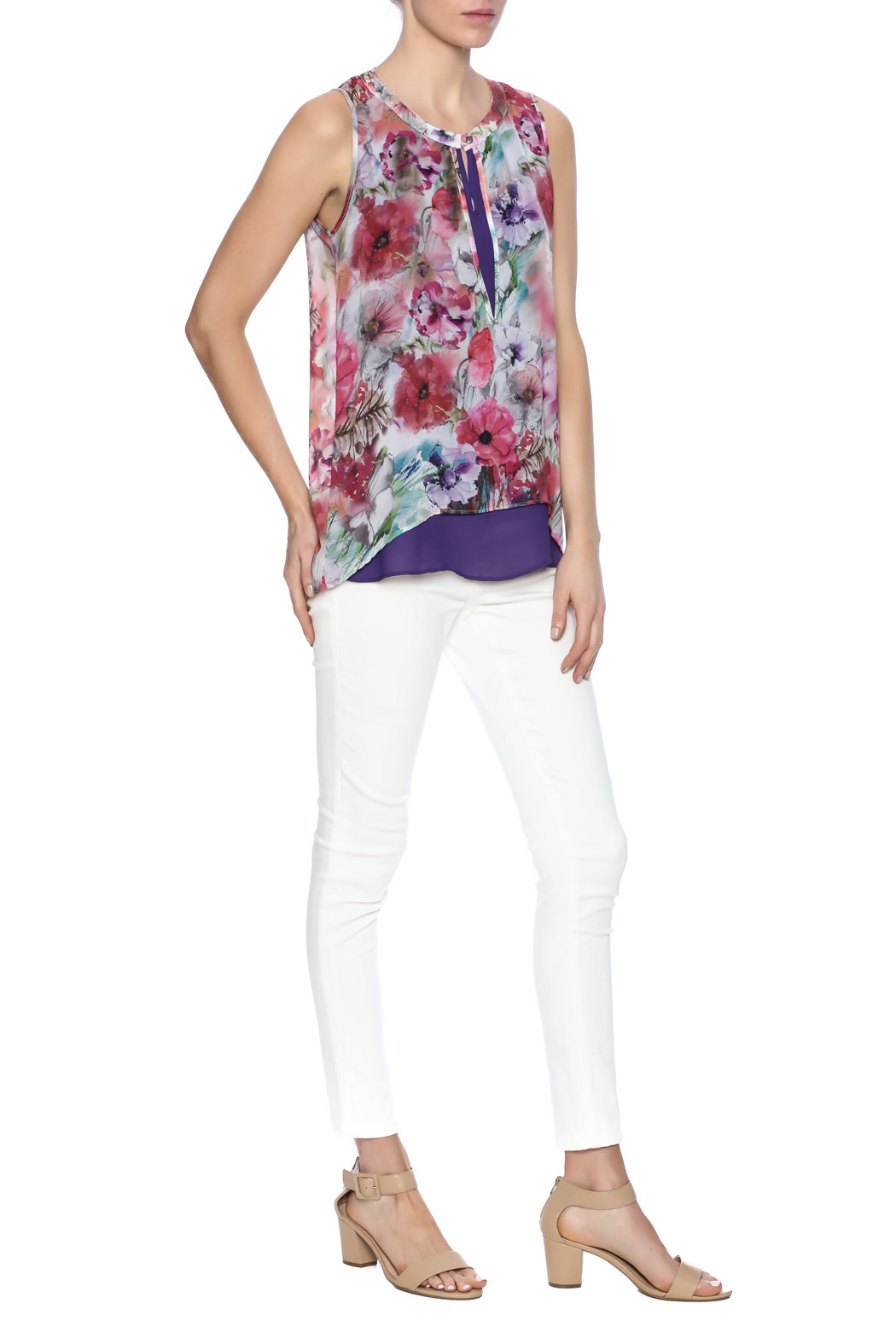 flower print blouse, sheer fabric, layer front, scoop neckline with slit, button closure at front and sleeveless.