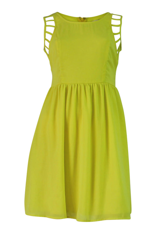 lime color dress, sleeveless, cutout detail at shoulders, round neck, zip back closure