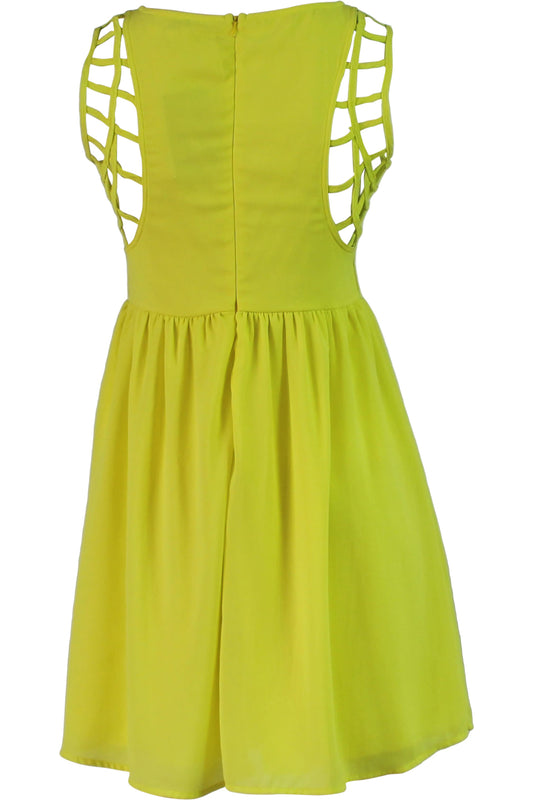 lime color dress, sleeveless, cutout detail at shoulders, round neck, zip back closure